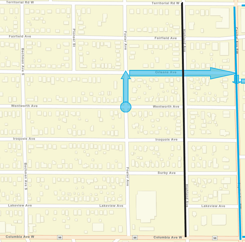 A city street map showing the Highland Avenue milling project as a black line along Highland Avenue.