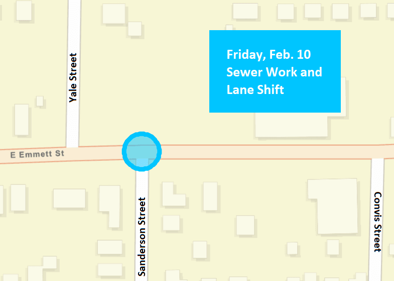 A city street map showing the sewer work and location of the lane shift as a blue circle.