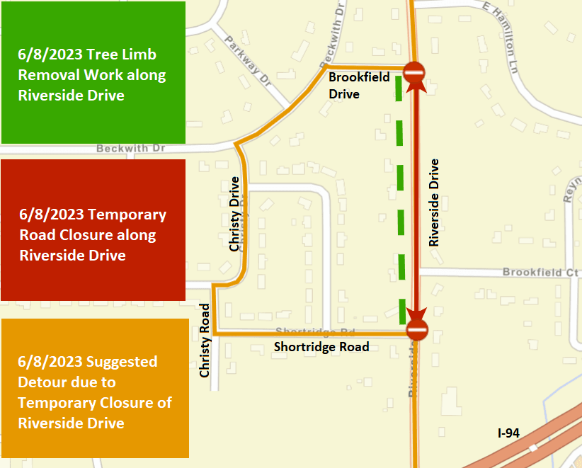A Battle Creek city street map showing the tree limb removal work as a dashed, green line.