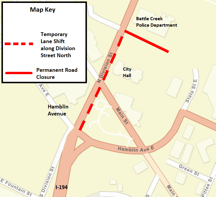 A Battle Creek city street map showing the temporary lane shift along Division Street North.