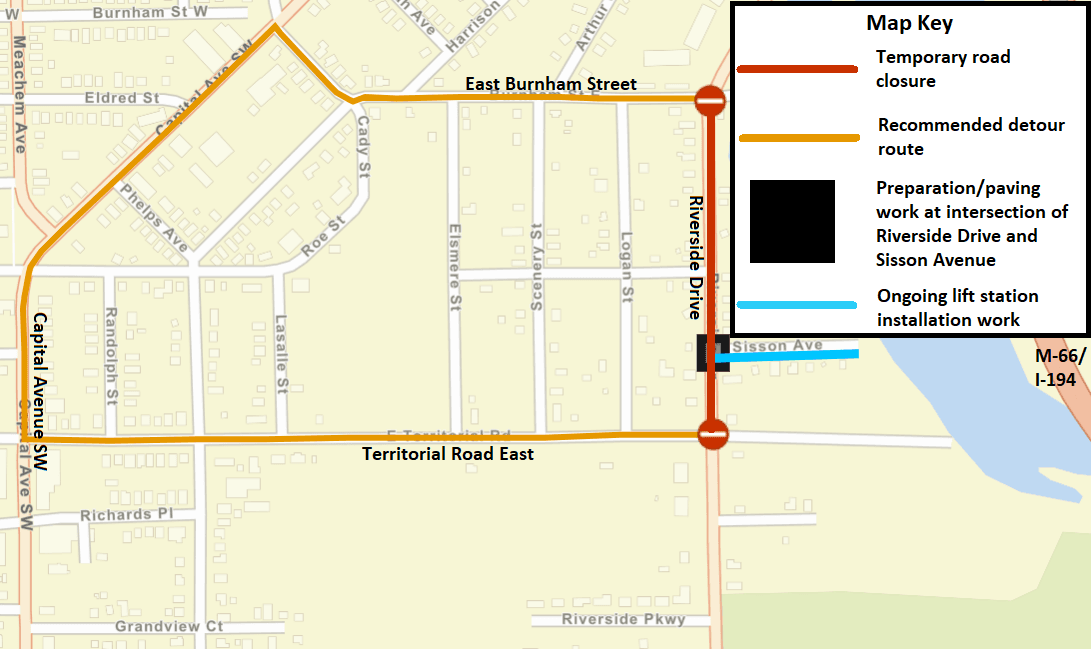 A Battle Creek city street map showing the preparation and paving work as a black box.