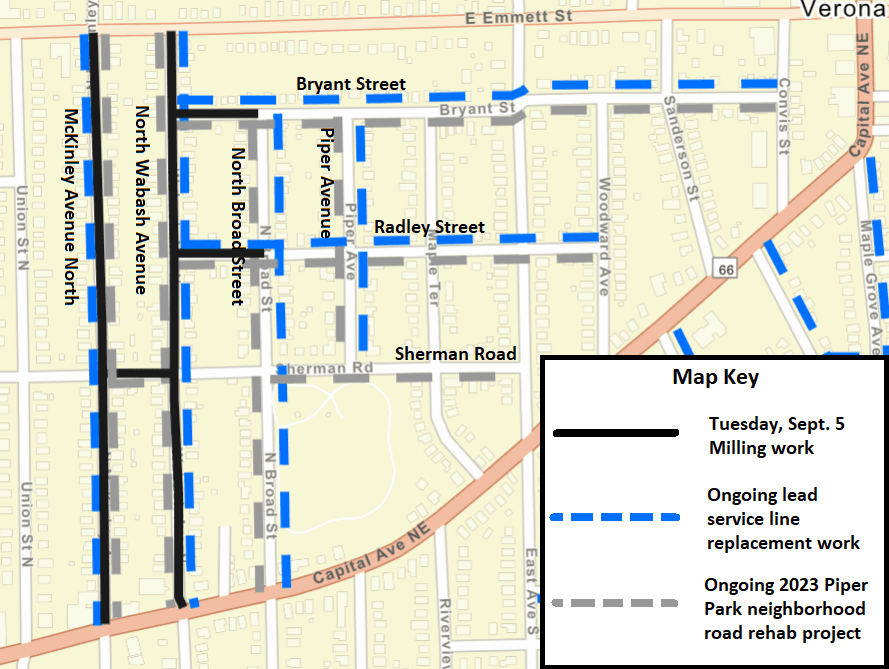 A Battle Creek city street map showing the milling work as solid, black lines.