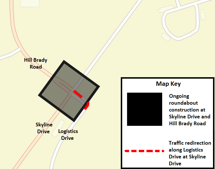 A Battle Creek city street map showing the traffic redirection as a dashed, red line.
