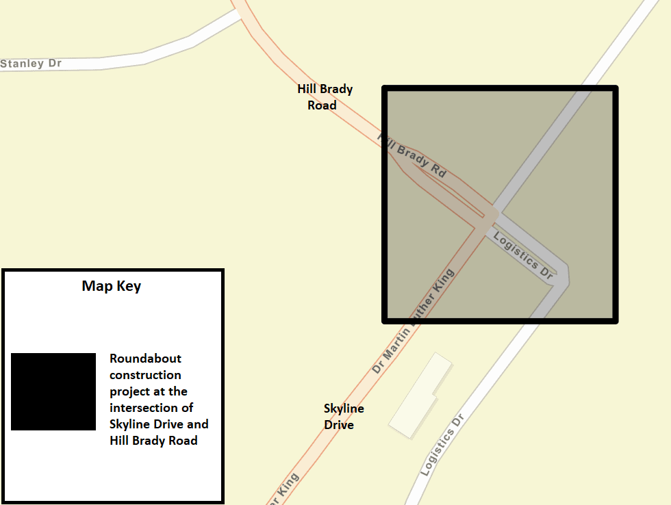 A Battle Creek city street map showing the ongoing roundabout construction project.