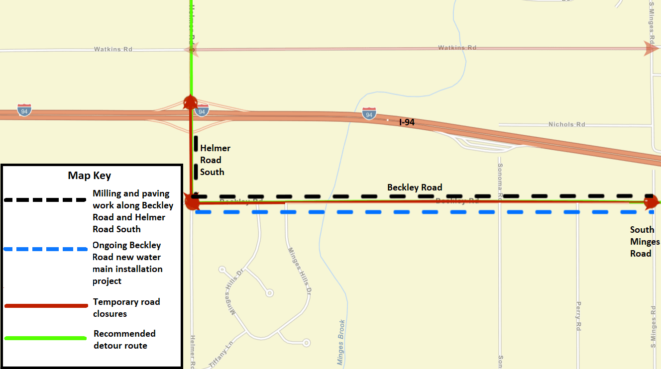 A Battle Creek city street map showing the milling and paving work as dashed, black lines.