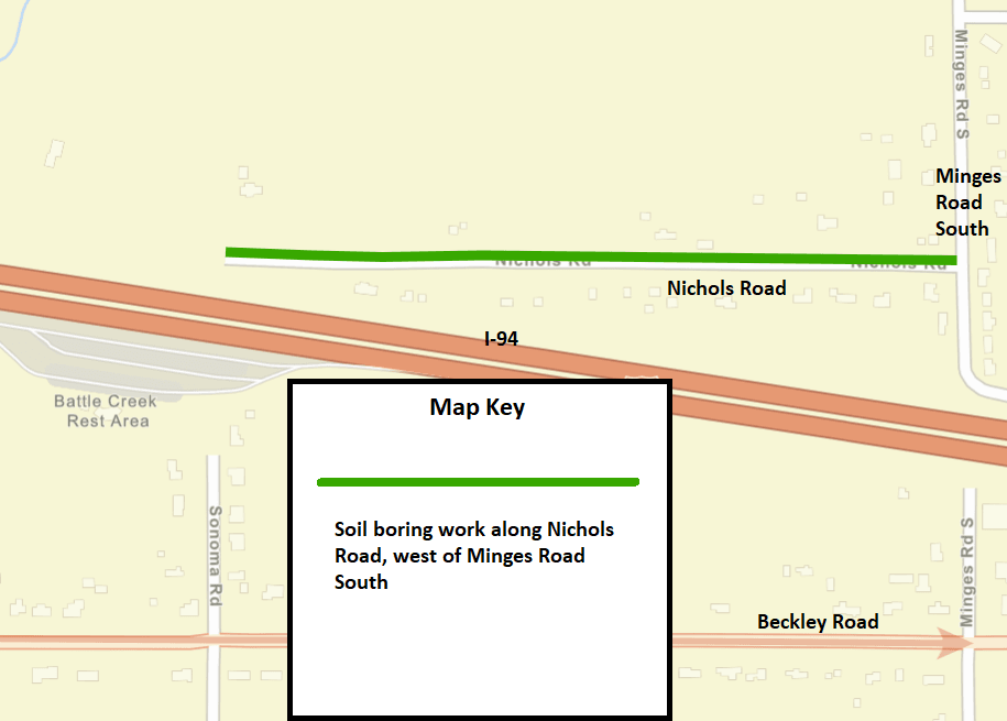 A Battle Creek city street map showing the soil boring work as a solid green line.