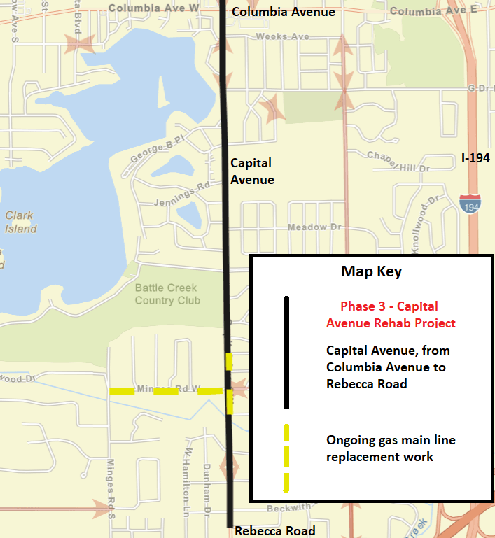 A Battle Creek city street map showing Phase 3 of the Capital Avenue rehab project.