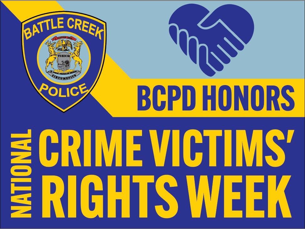 Blue and yellow graphic promoting police department support of crime victims' week.