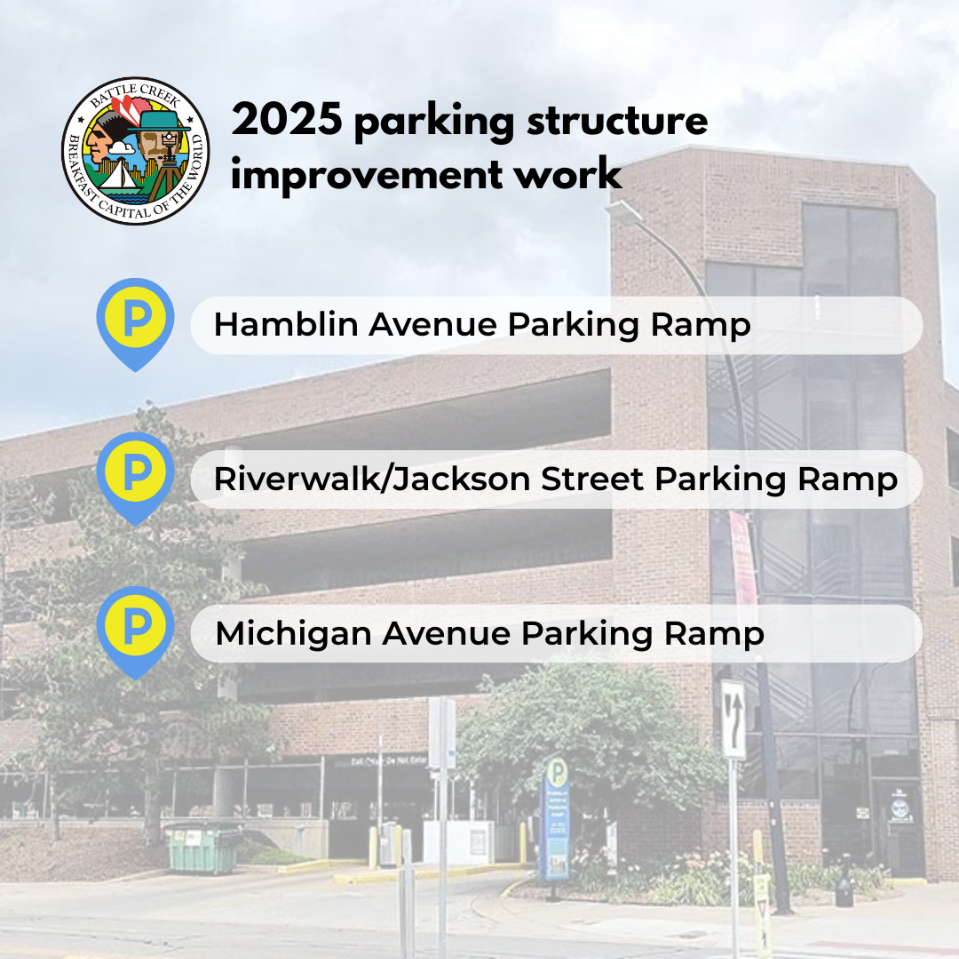 A graphic of the Hamblin Avenue parking ramp that lists the three parking structures set for work.