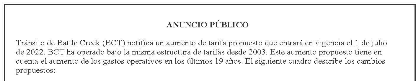 Transit fare increase notice in Spanish